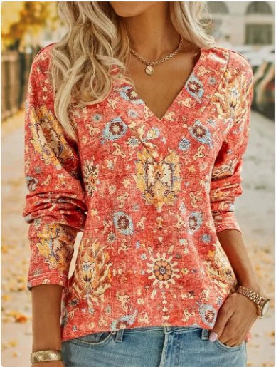 Big Size Bohemian Printed Long Sleeve T-Shirt Summer Fashion V-Neck