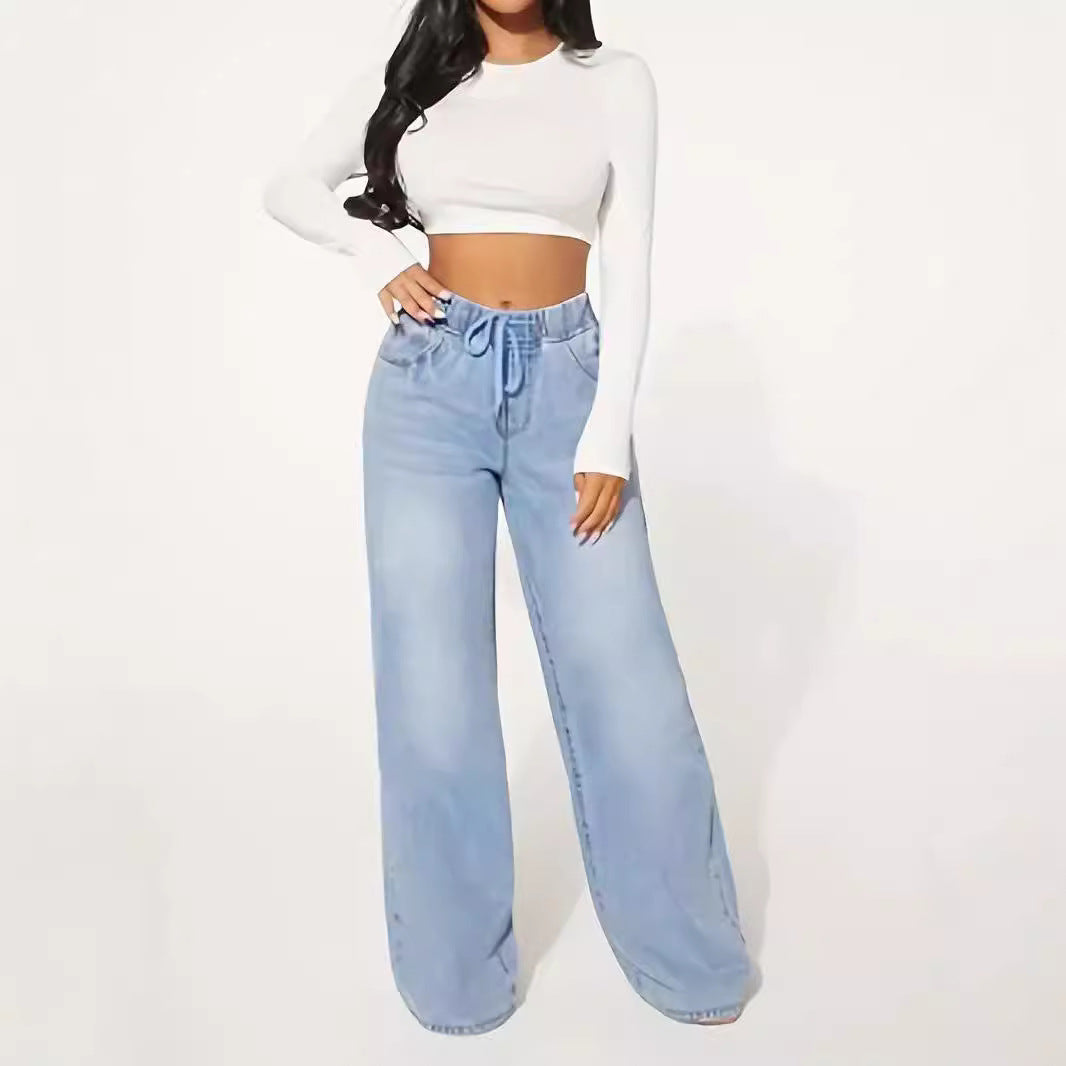 25 Edition High Waist Drawstring Wide Leg Jeans Light Blue displayed on a model wearing a white crop top.