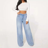 25 Edition High Waist Drawstring Wide Leg Jeans Light Blue displayed on a model wearing a white crop top.