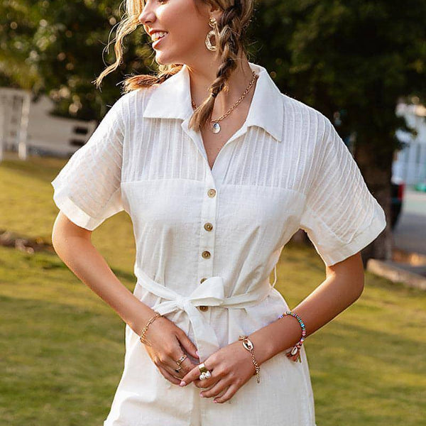 Pure Color Short-sleeved Lapel Tie Jumpsuit Casual Jumpsuit Women