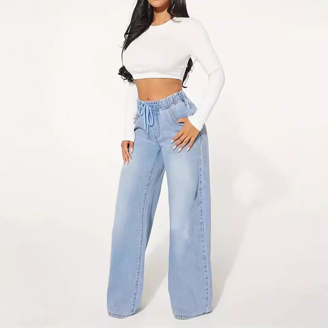 25 Edition High Waist Drawstring Wide Leg Jeans Light Blue model wearing casual outfit