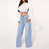 25 Edition High Waist Drawstring Wide Leg Jeans Light Blue model wearing casual outfit