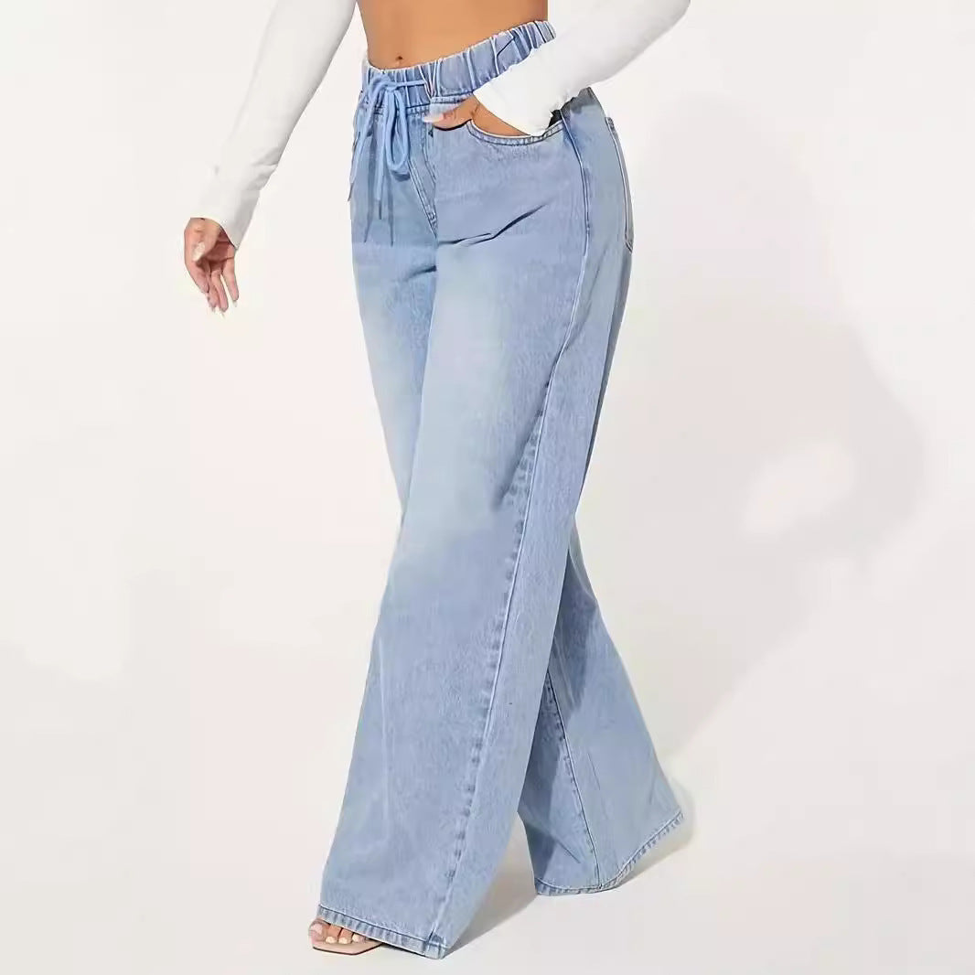 25 Edition High Waist Drawstring Wide Leg Jeans Light Blue worn by model, showcasing a stylish fit and relaxed design.