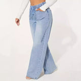 25 Edition High Waist Drawstring Wide Leg Jeans Light Blue worn by model, showcasing a stylish fit and relaxed design.