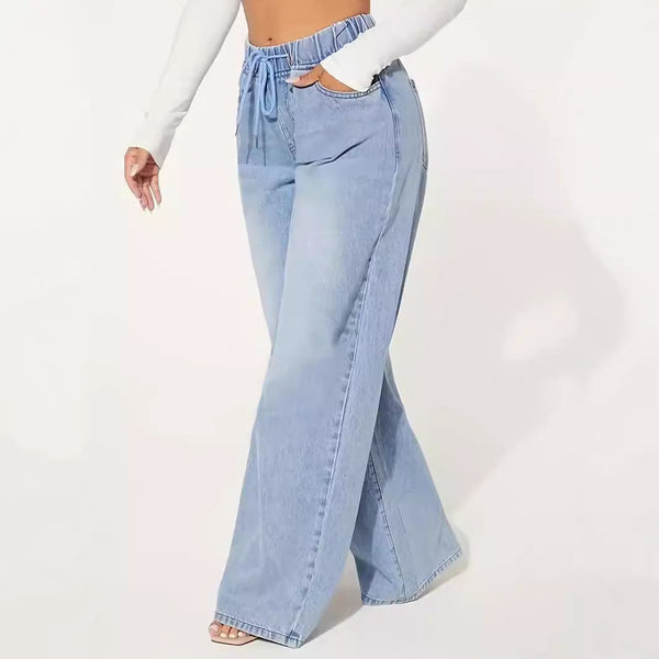 25 Edition High Waist Drawstring Wide Leg Jeans Light Blue worn by model, showcasing a stylish fit and relaxed design.