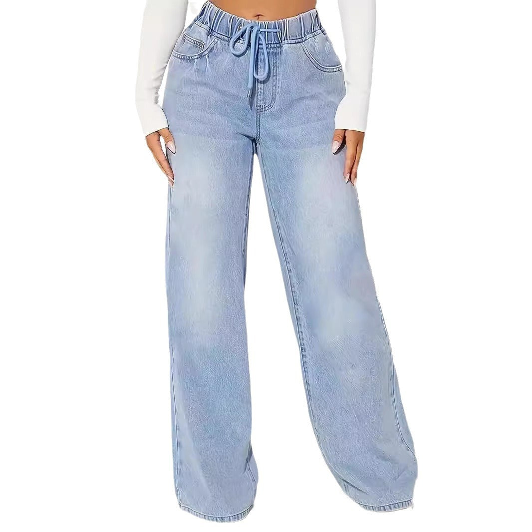 25 Edition High Waist Drawstring Wide Leg Jeans Light Blue displayed on a model, showcasing their loose fit and casual style.