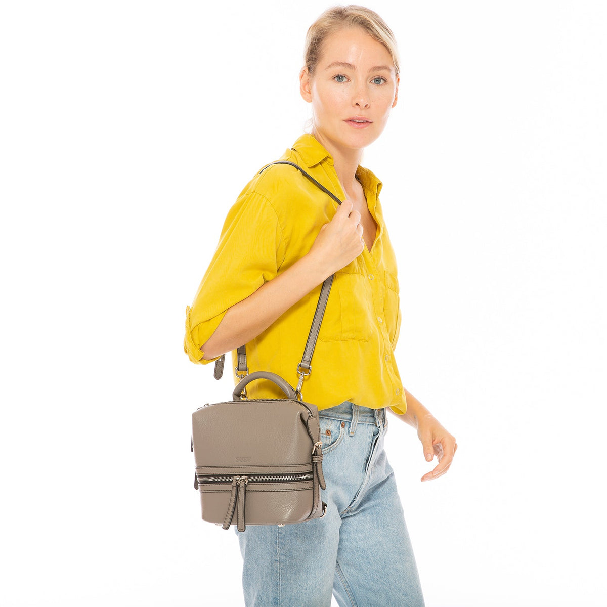 Gray Leather Backpack Purse for Women Convertible Crossbody Bag Medium