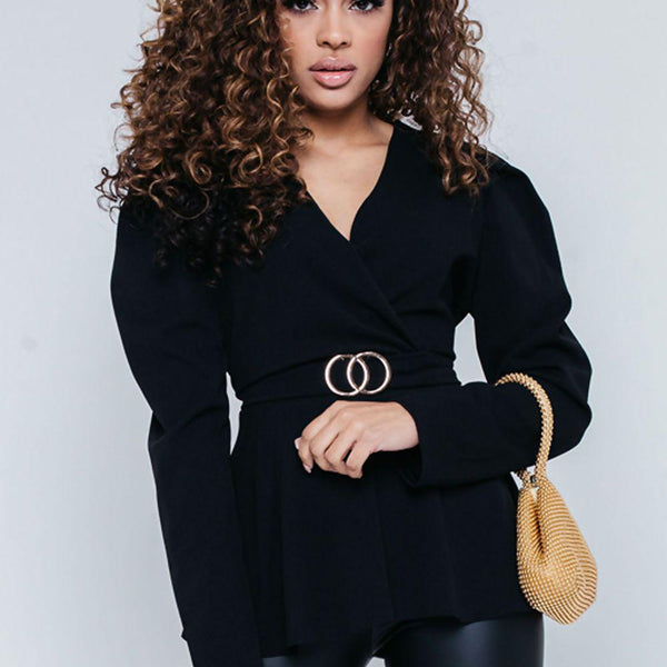 Black Puff Shoulder Back Knot Belted Blouse