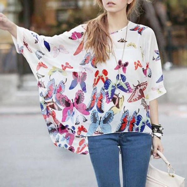 Womens Loose Fit Butterfly Theme Batwing Top