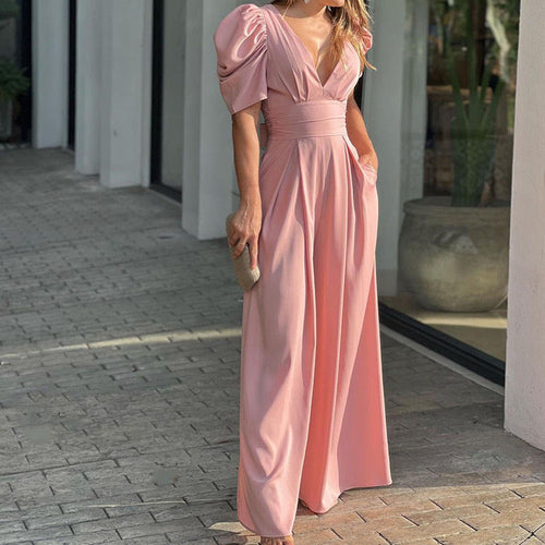 Women Clothing Short Sleeve Elegant Wide Legs Jumpsuit
