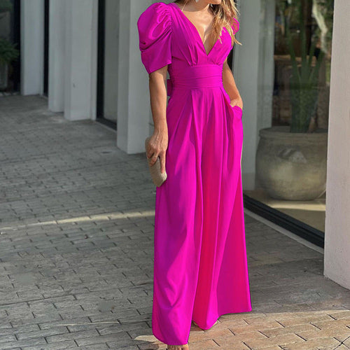 Women Clothing Short Sleeve Elegant Wide Legs Jumpsuit