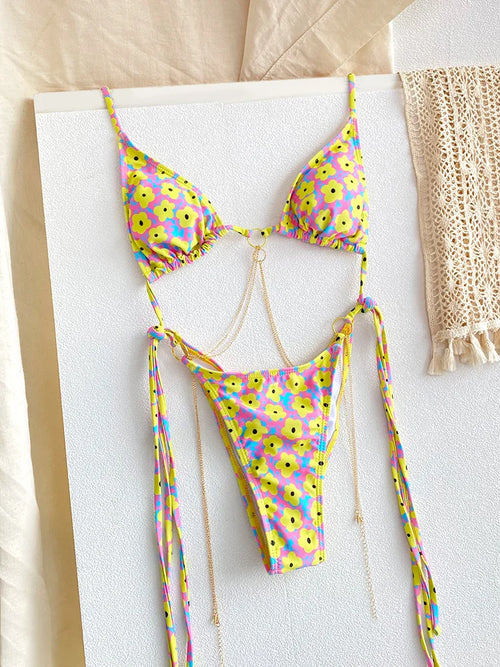 Sexy Triangle Chains Bikini Sets Micro Thongs Swimsuit Women Bathing
