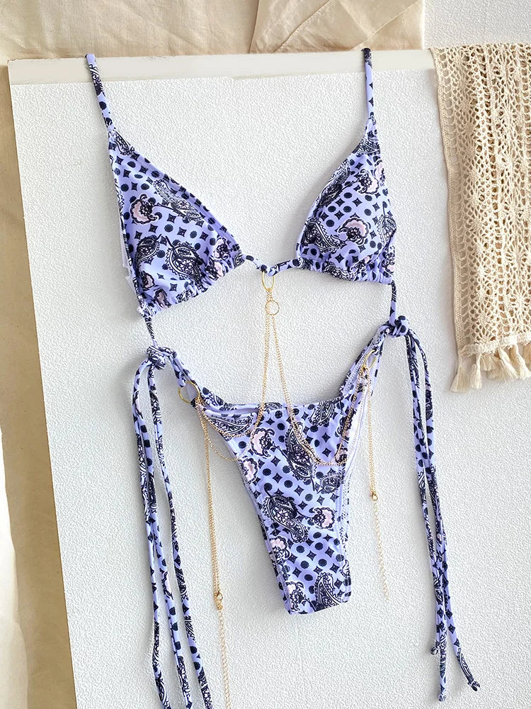 Sexy Triangle Chains Bikini Sets Micro Thongs Swimsuit Women Bathing