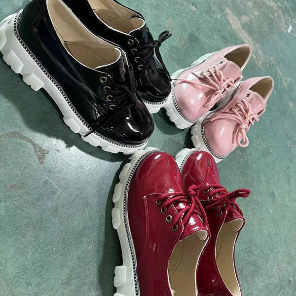 Thick Heel Flat Platform Oxford Women Shoes Pink/Red/Black