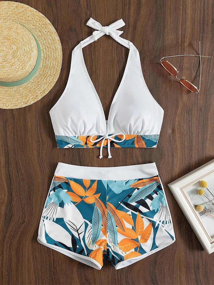 Halter Bikini Set Short Swimsuit Women High Waist Swimwear Female