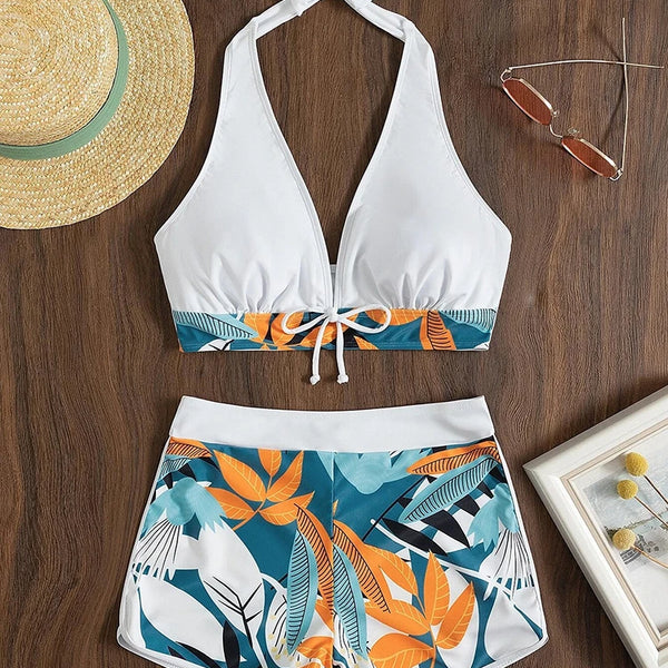 Halter Bikini Set Short Swimsuit Women High Waist Swimwear Female