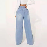 25 Edition High Waist Drawstring Wide Leg Jeans Light Blue, back view showcasing loose wide-leg fit.
