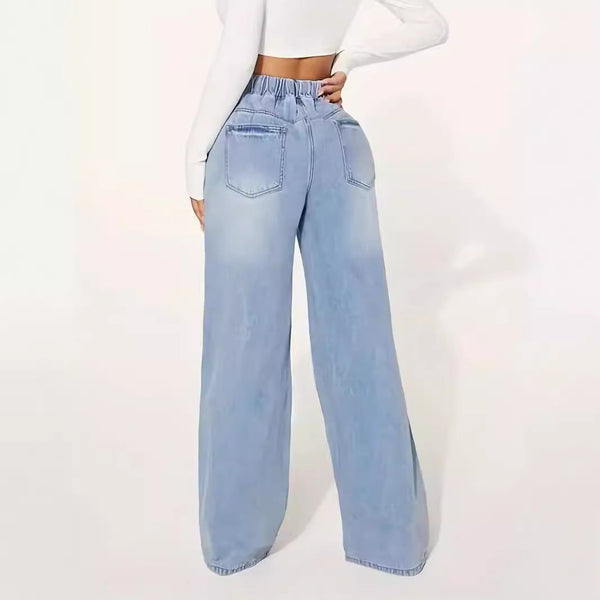 25 Edition High Waist Drawstring Wide Leg Jeans Light Blue, back view showcasing loose wide-leg fit.