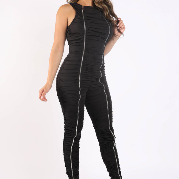 Track Zipper Ruched Jumpsuit Ruffle Dress Bodycon Jumpsuit BLACK