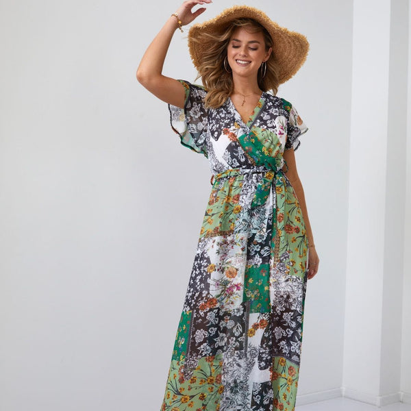 Maxi wrap dress with a belt, green FG646