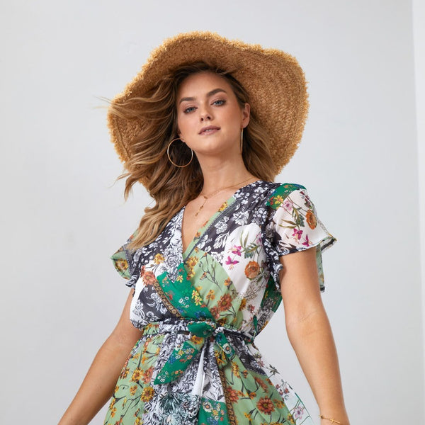 Maxi wrap dress with a belt, green FG646