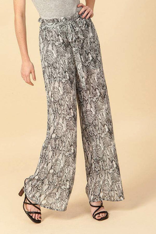 Stylish snake print wide leg pants with waist tie, perfect for a trendy outfit.