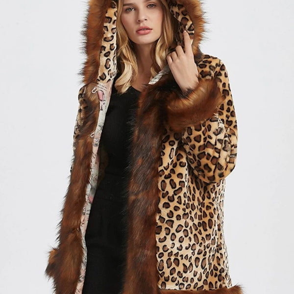 Womens Leopard Print Hooded Faux Fur Collar Jacket