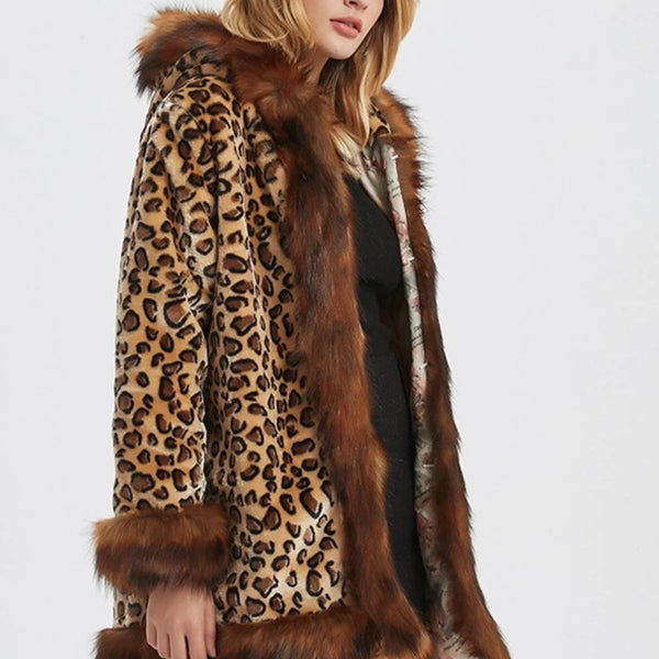 Womens Leopard Print Hooded Faux Fur Collar Jacket